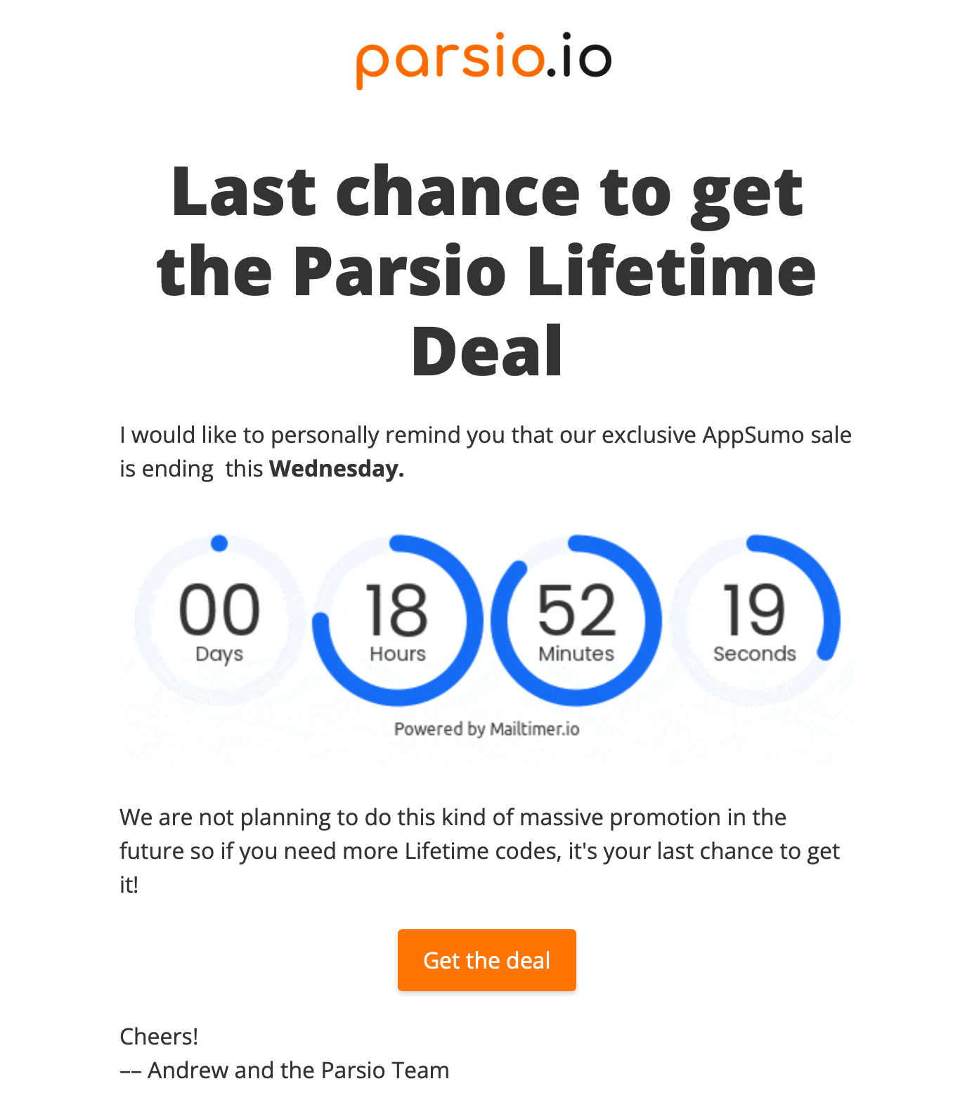 Parsio email campaign with Mailtimer countdown timer